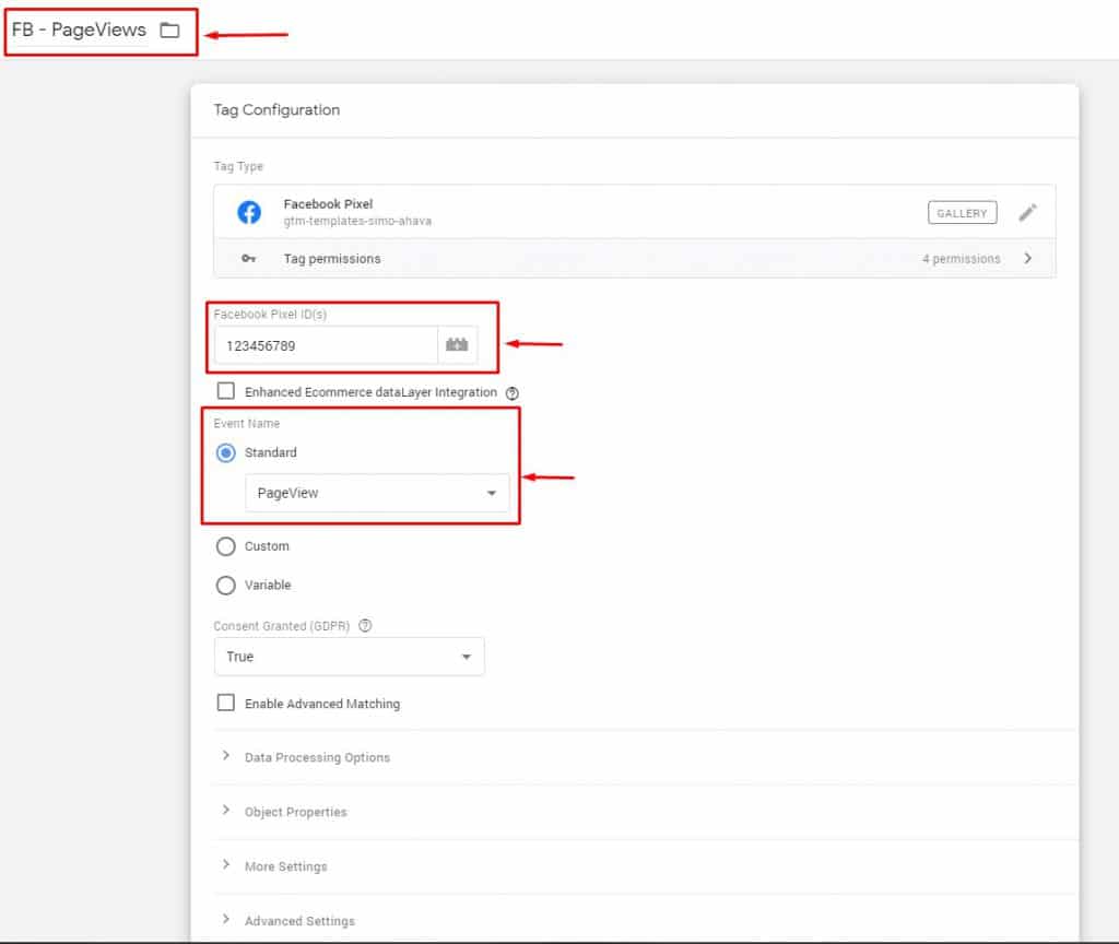 pageviews standard event in facebook pixel via GTM